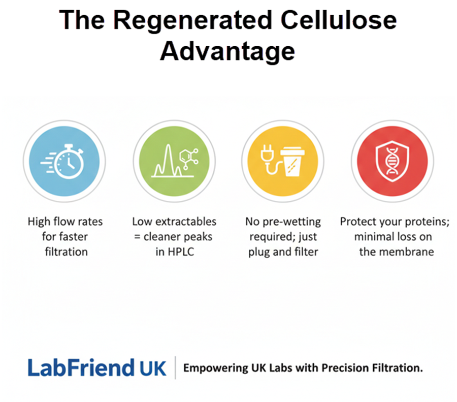 Infographic showing the advantages of Regenerated Cellulose (RC) filter membranes: high flow rates, low extractables for HPLC, no pre-wetting required, and low protein binding for biomolecule protection.